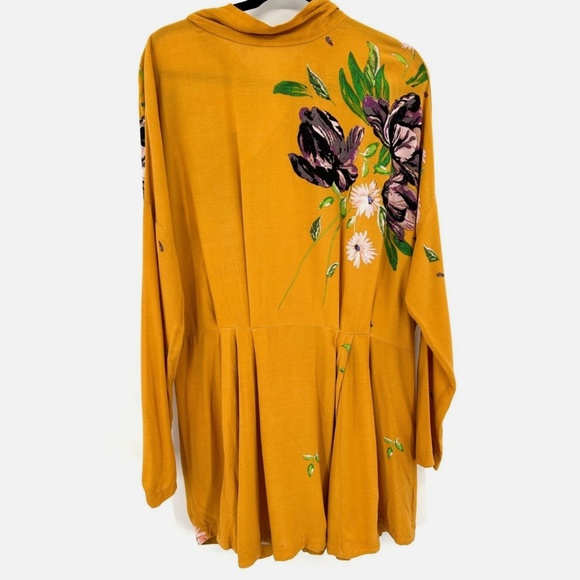 Free People F GEMMA MINI DRESS S Mustard Yellow Floral Tie Open BACK - Picture 3 of 7
